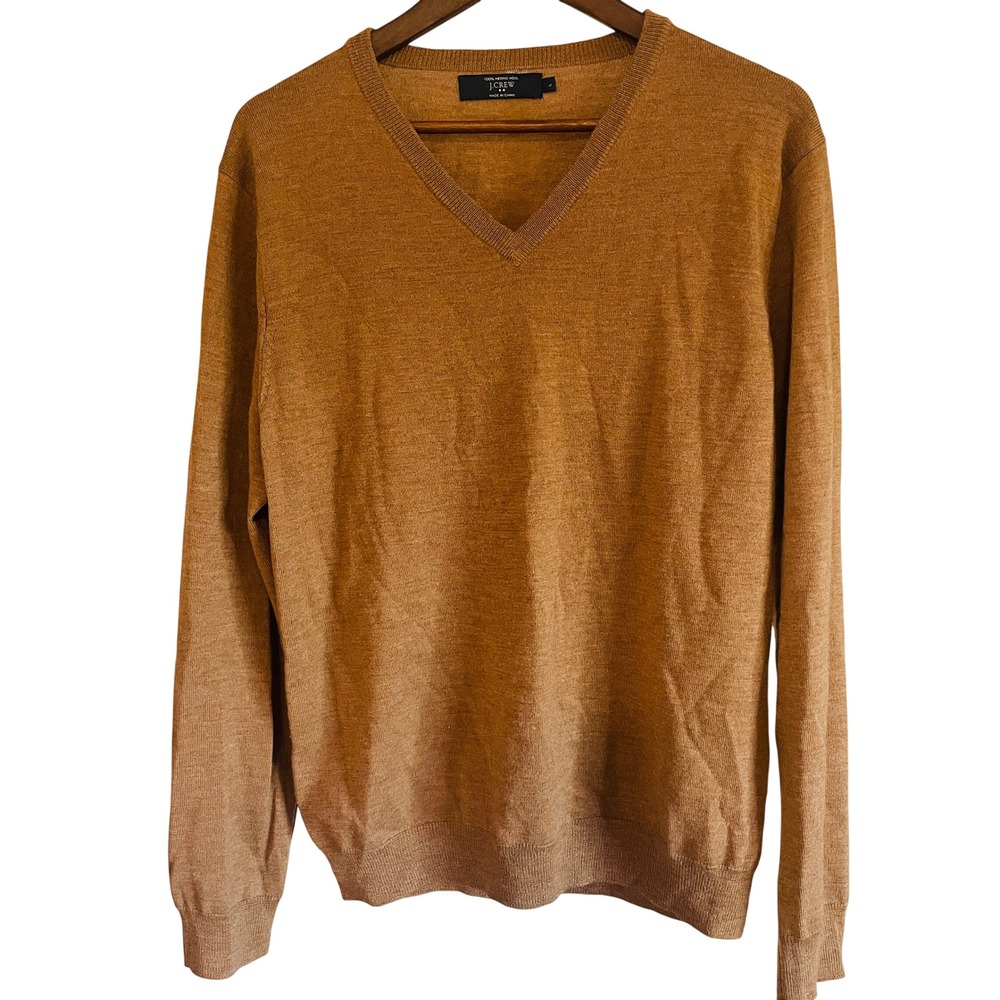 J.Crew Mens Preppy Merino Wool V-Neck Sweater Size L Camel Lightweight Luxury